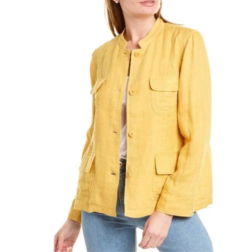 Eileen Fisher Linen Shacket Mustard Yellow Pockets Cuff Button Size M